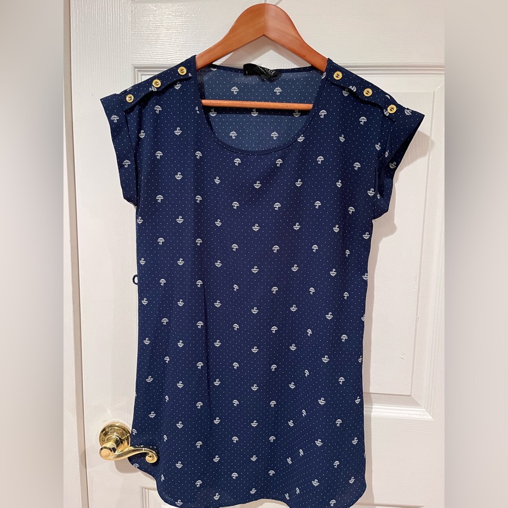 Sweet Wanderer Dark Blue Umbrella Print Top